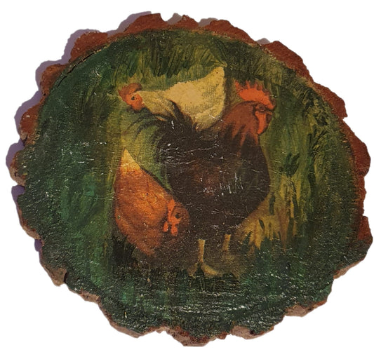 Holzgemälde Hühnermotiv. Acrylbild auf Baumscheibe.