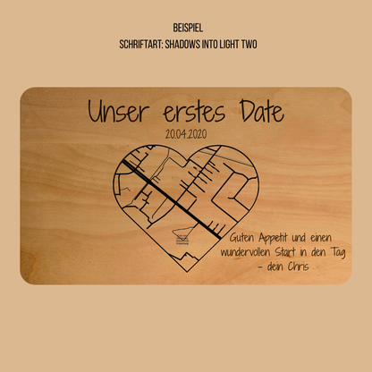 Beispiel Schriftart Shadows into light two Brotbrett mit Gravur