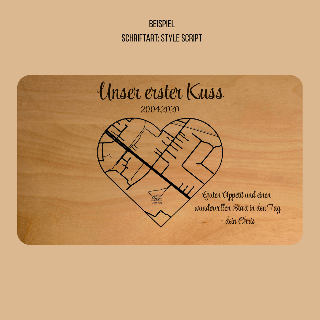 Beispiel Schriftart Style Script Brotbrett mit Gravur